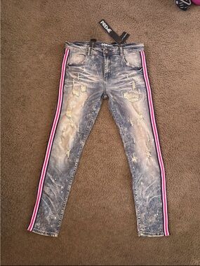 Distressed Blue Denim Jeans with Pink Side Stripe